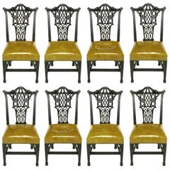 Eight Chinese Chippendale Ebonized Mahogany Dining Chairs with Leather Seats