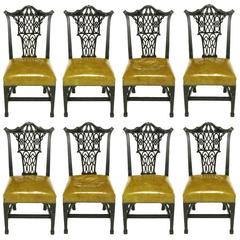 Eight Chinese Chippendale Ebonized Mahogany Dining Chairs with Leather Seats 6