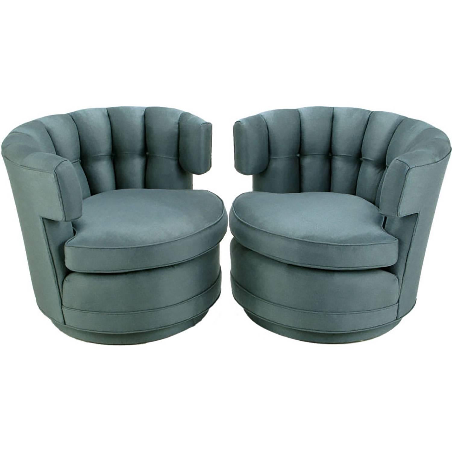 Pair of Cadet-Blue Wool Felt Button-Tufted Swivel Barrel Chairs