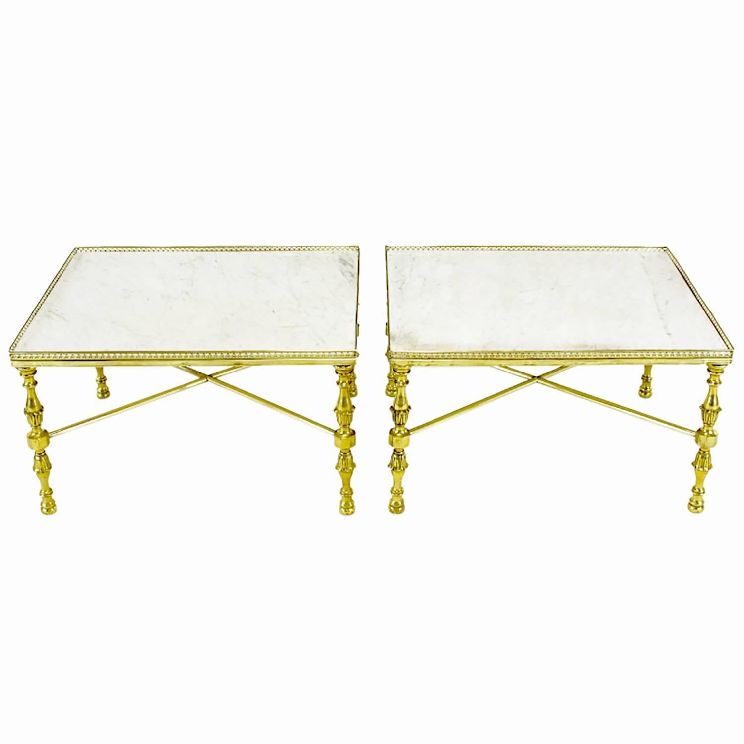Brass Gallery and Carrara Marble Regency X-Base Side Tables For Sale