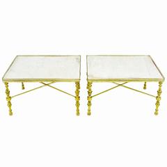 Brass Gallery and Carrara Marble Regency X-Base Side Tables