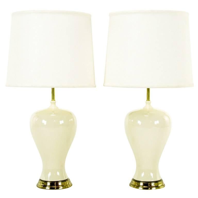 Pair of Ivory Glazed Curvaceous Vase Form Ceramic Table Lamps