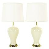 Pair of Ivory Glazed Curvaceous Vase Form Ceramic Table Lamps