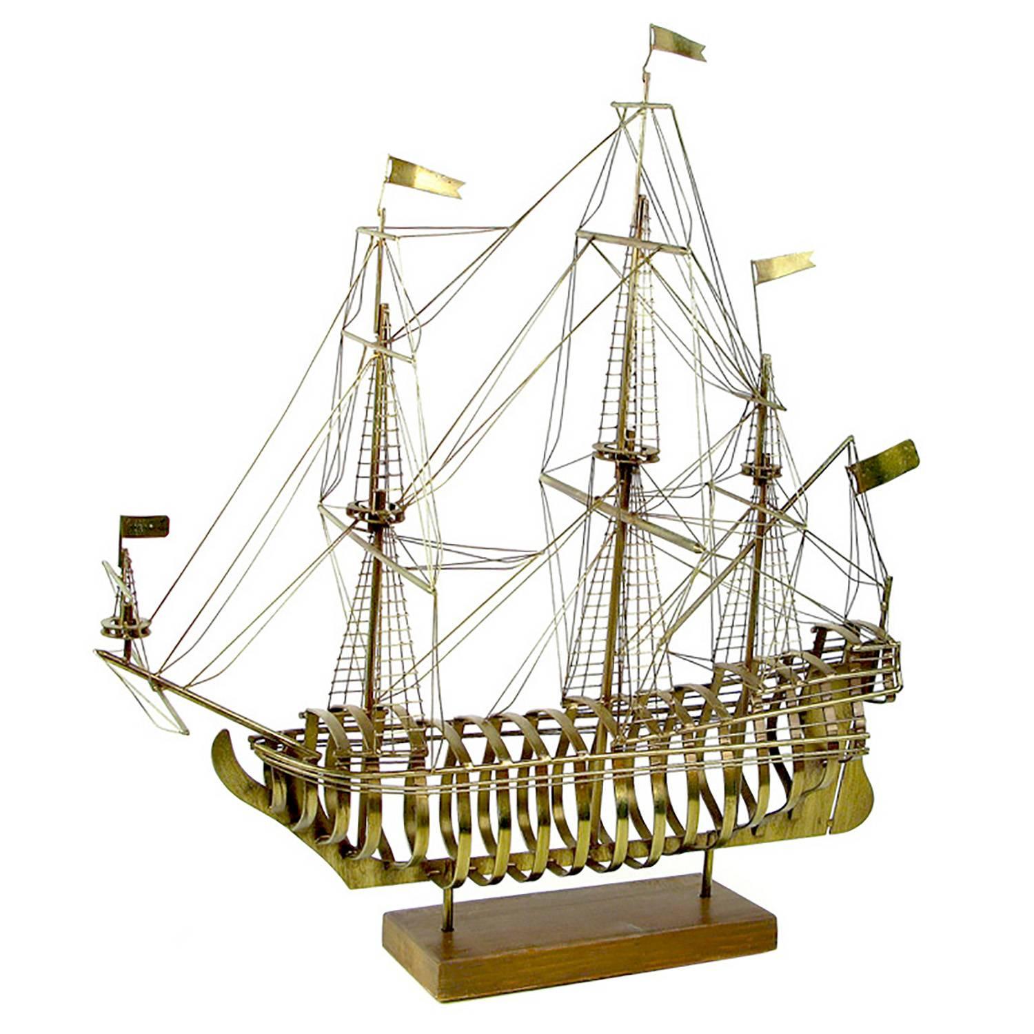 Tall Brass Sculptural Sailing Ship in the Manner of C. Jere