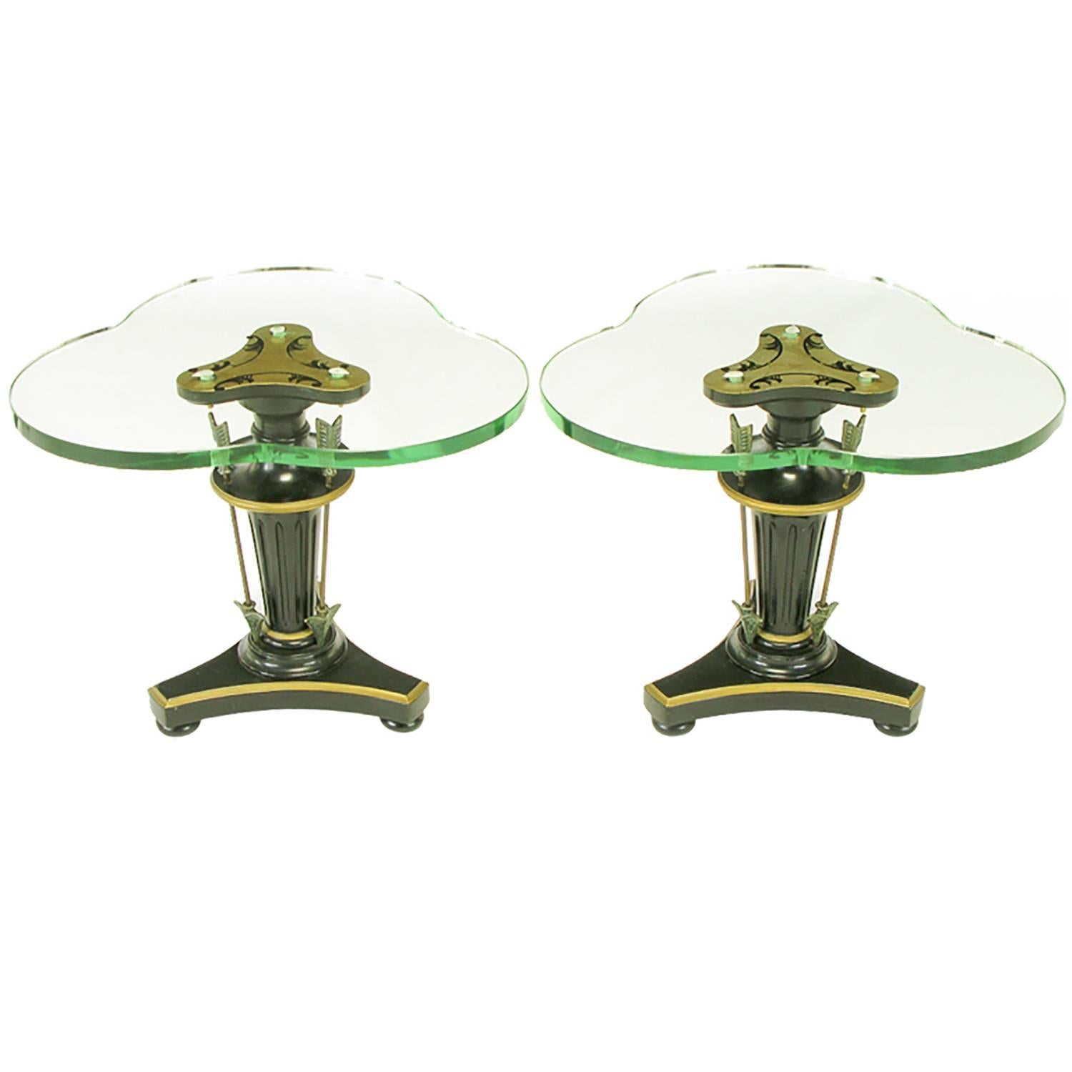 Pair of Black Lacquer & Parcel Gilt Empire Side Tables with Arrow Details For Sale