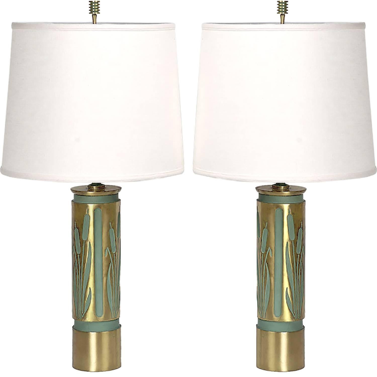Pair of 1940s Cattails Negative-Relief Brass Table Lamps For Sale