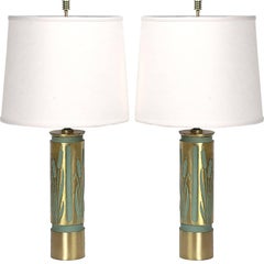Pair of 1940s Cattails Negative-Relief Brass Table Lamps