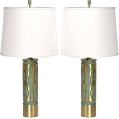 Pair of 1940s Cattails Negative-Relief Brass Table Lamps