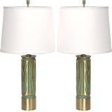 Pair of 1940s Cattails Negative-Relief Brass Table Lamps