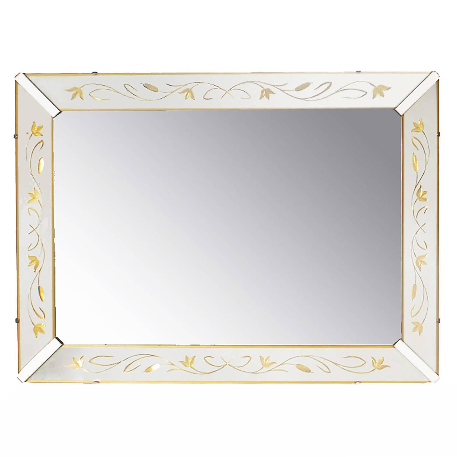 Etched and Reverse Gilt Mirrored Frame Art Deco Mirror with Foliate Detail
