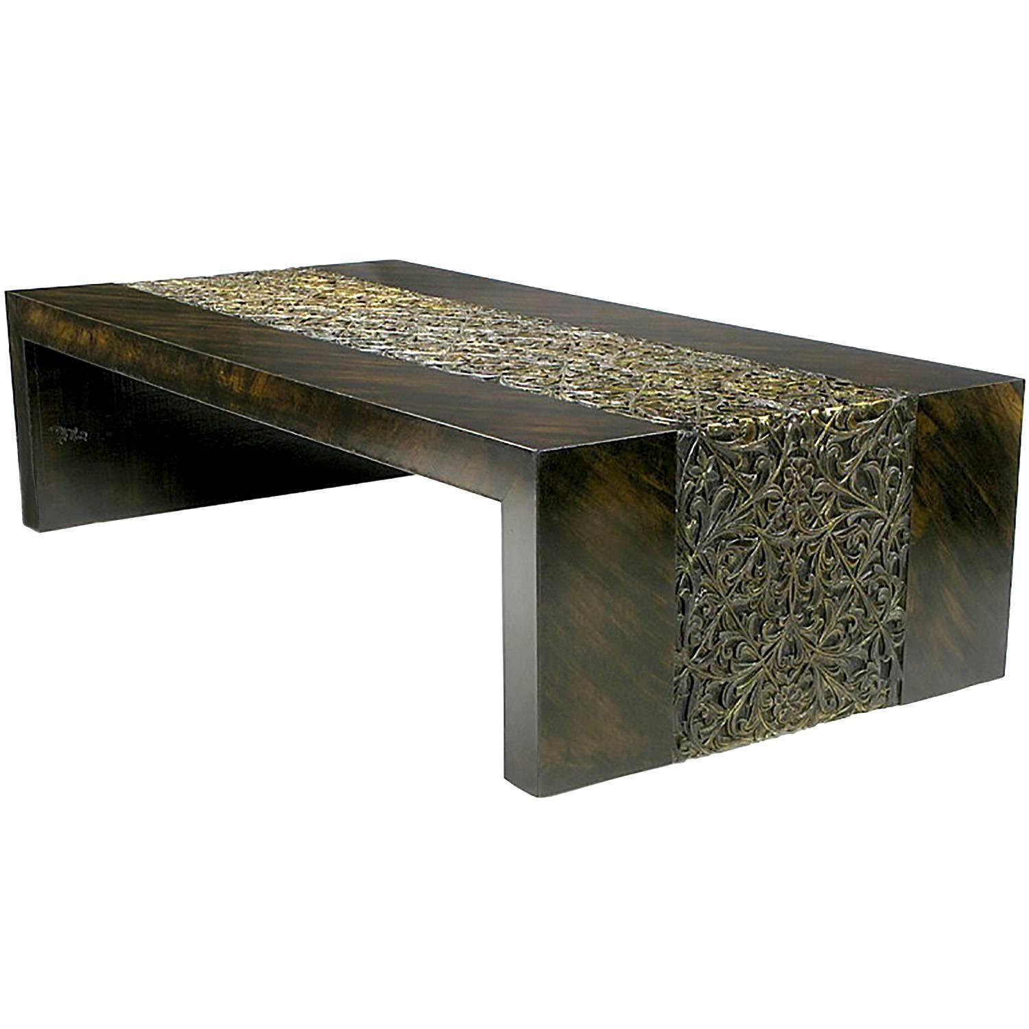 Phyllis Morris Hand Painted Zebrano Wood and Gilt Arabesque Coffee Table For Sale