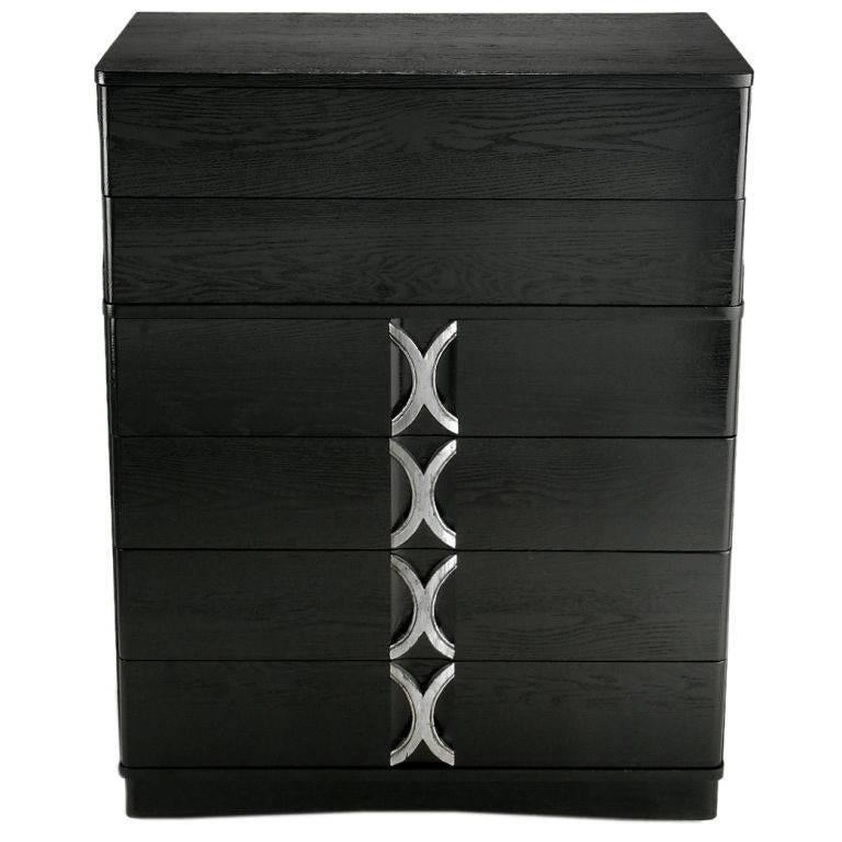 1940s Black Lacquer and Silver Leafed Six-Drawer Tall Chest