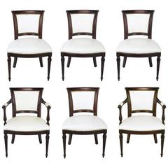 Vintage Set of Six 1940s Louis XVI Style Cherry and White Leather Dining Chairs