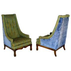 Pair of Brandt Tall Back Lounge Chairs in Jewel Tone Stripe and Blue Velvet