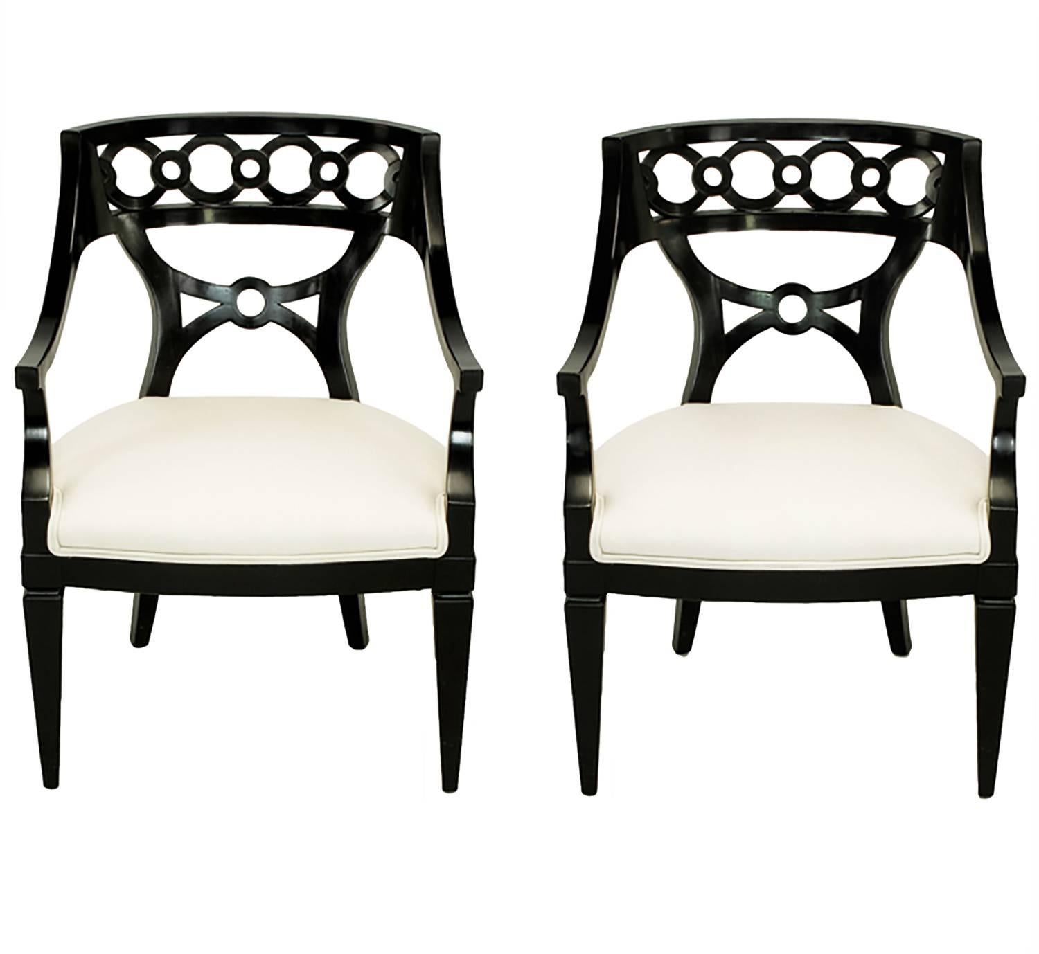 Pair of Black Lacquer and Wool Armchairs with Interlocking Rings For Sale
