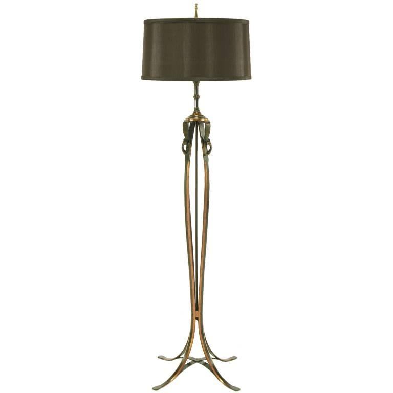 Elegant 1930s Floor Lamp of Copper over Bronze Straps with Drop-Rings For Sale