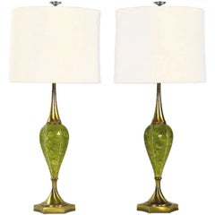 Pair of Rembrandt Green Ceramic and Brass Table Lamps