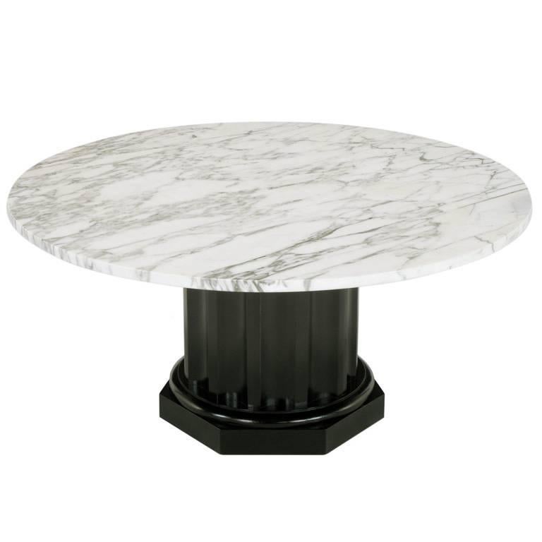 White Carrara Marble Coffee Table with Ebonized Fluted Wood Base