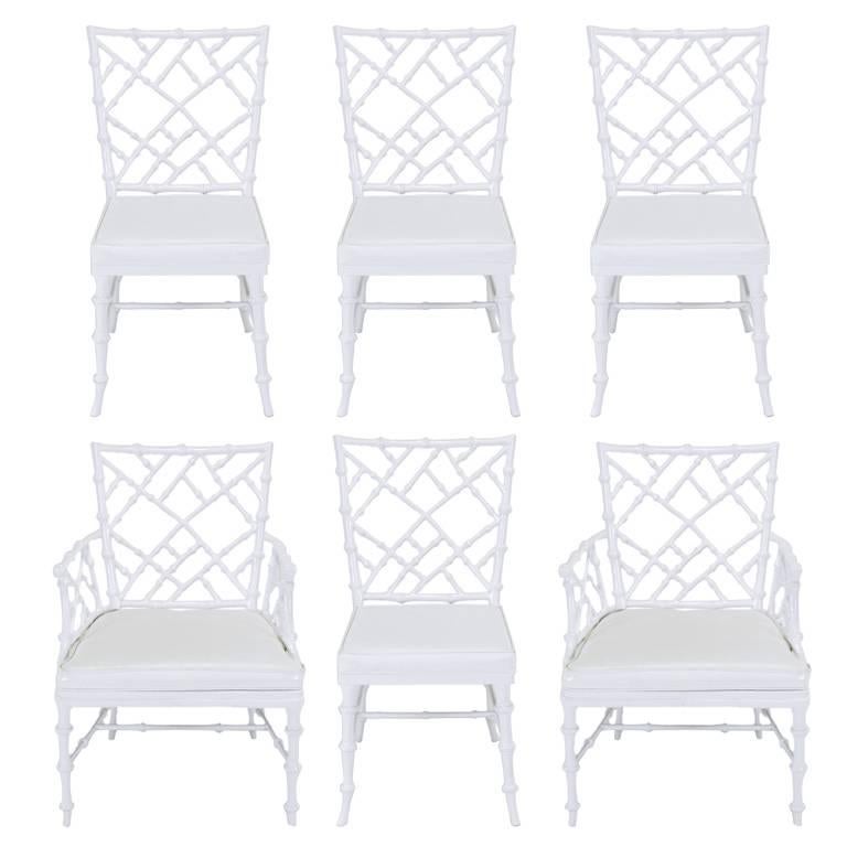 Six Phyllis Morris Cast Aluminum White Lacquer Chinese Chippendale Dining Chairs