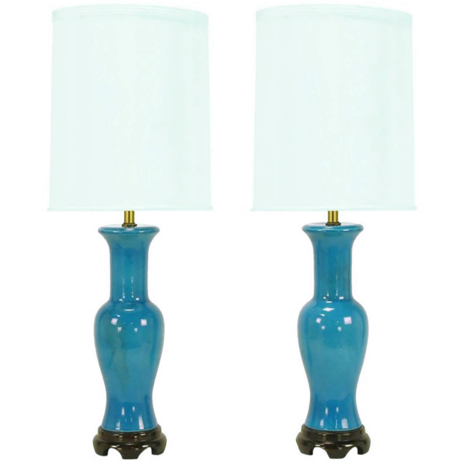 Pair of Frederick Cooper Cerulean Blue Crackle-Glaze Table Lamps