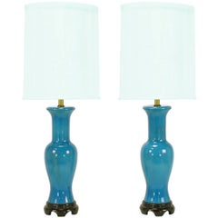 Retro Pair of Frederick Cooper Cerulean Blue Crackle-Glaze Table Lamps