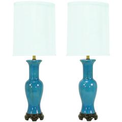 Pair of Frederick Cooper Cerulean Blue Crackle-Glaze Table Lamps 2