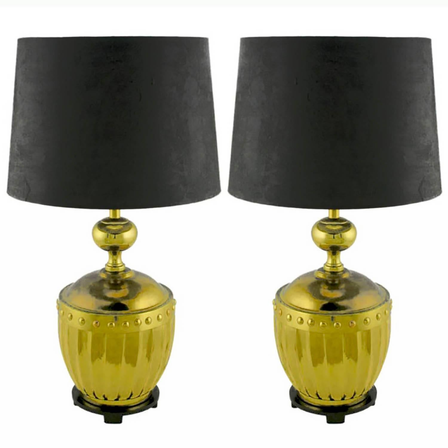 Pair of Stiffel Fluted and Studded Brass Urn Table Lamps For Sale