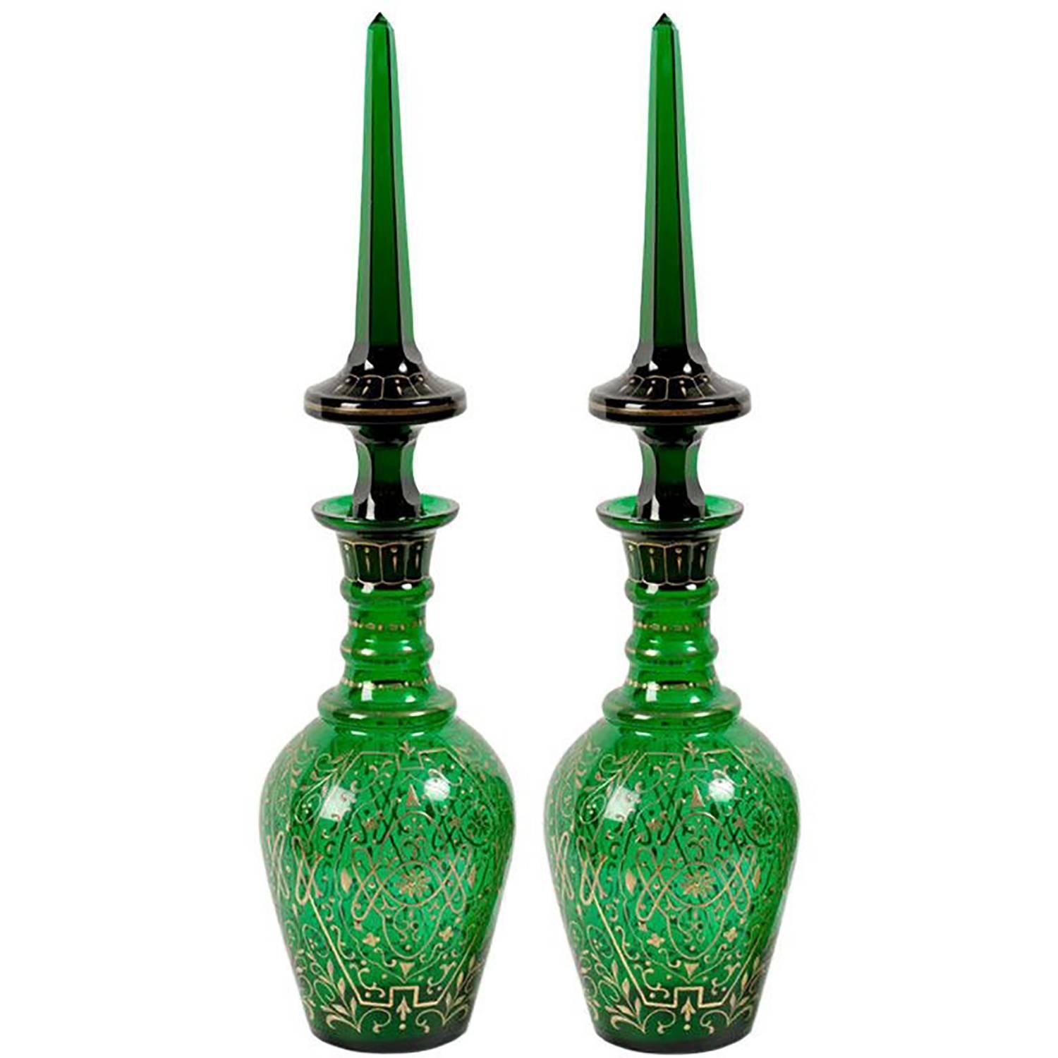 Pair of 1800's Tall Hand-Painted Parcel-Gilt Emerald Green Glass Decanters
