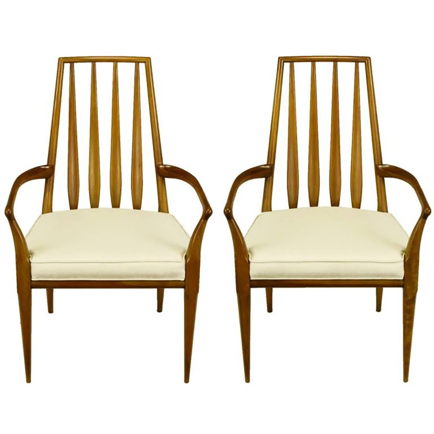 Pair of Bert England Sculpted Walnut and Off-White Linen Slatback Armchairs For Sale