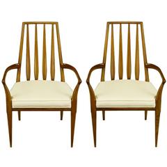 Vintage Pair of Bert England Sculpted Walnut and Off-White Linen Slatback Armchairs