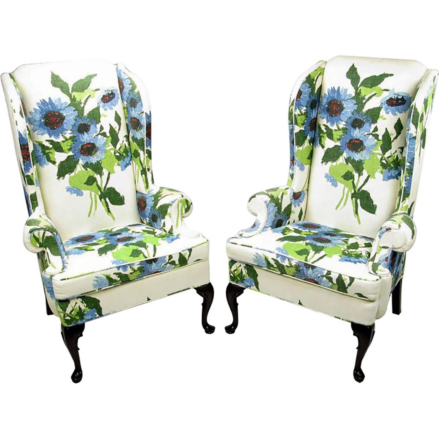 Pair of Elegant and Bold Floral Linen Upholstered Wing Chairs by Hickory Chair