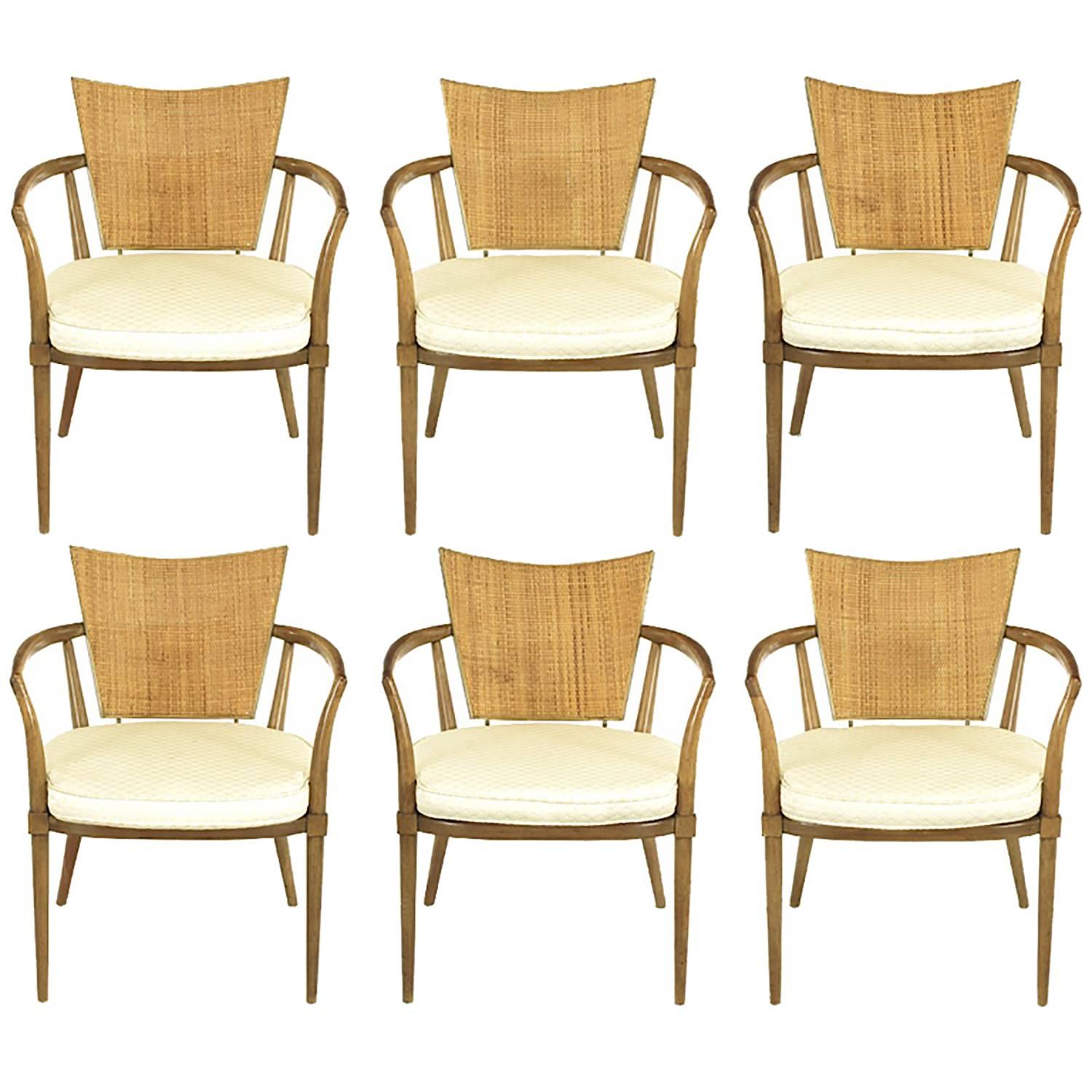 Set of Six Bert England Mahogany, Brass and Cane Dining Chairs