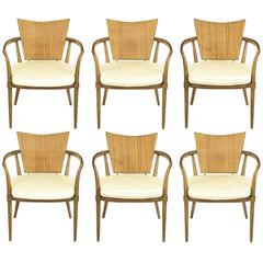 Set of Six Bert England Mahogany, Brass and Cane Dining Chairs