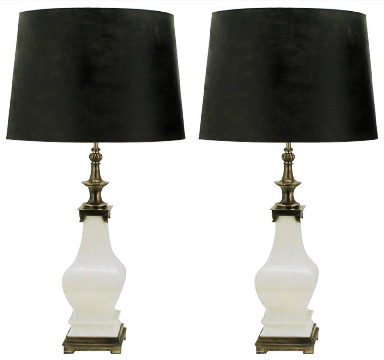 Pair of Stiffel White Crackle Glazed Ceramic and Brass Table Lamps