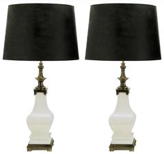 Retro Pair of Stiffel White Crackle Glazed Ceramic and Brass Table Lamps