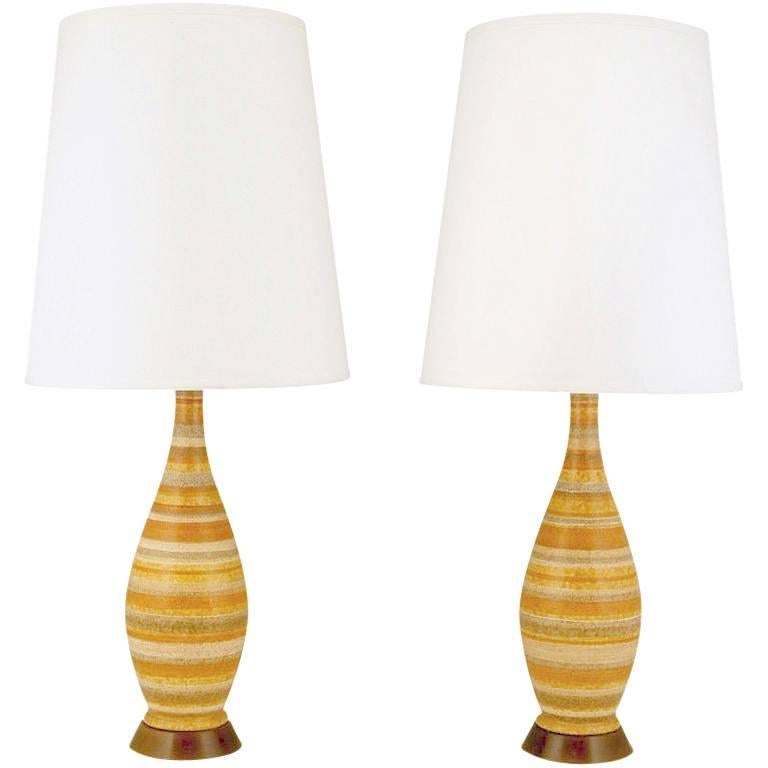 Pair of Striped Salt Glazed Pottery Table Lamps For Sale