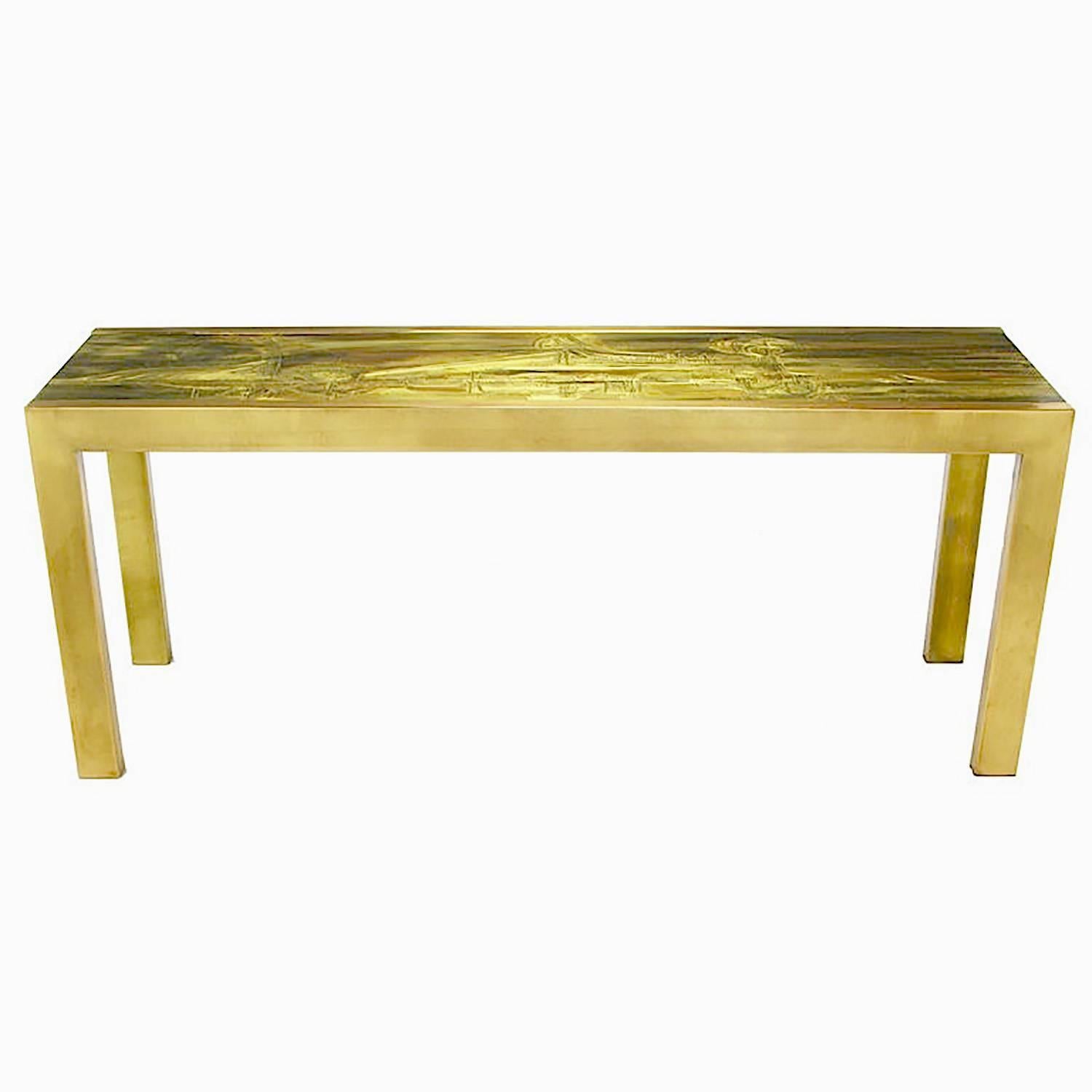 Mastercraft Brass Console with Bernhard Rohne Acid-Etched Top