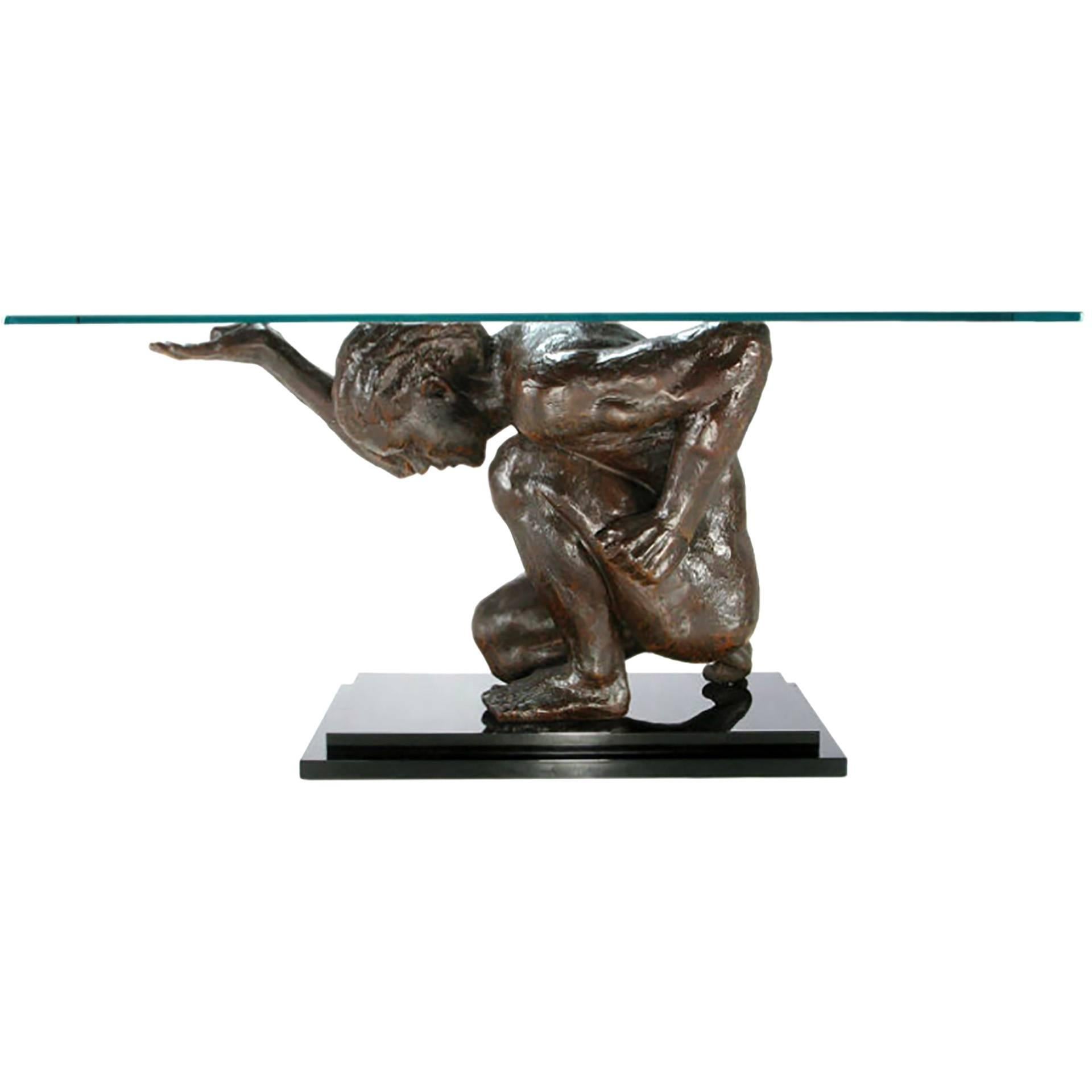 Lifesize Bronze Finish Atlas Sculpture Console Table For Sale