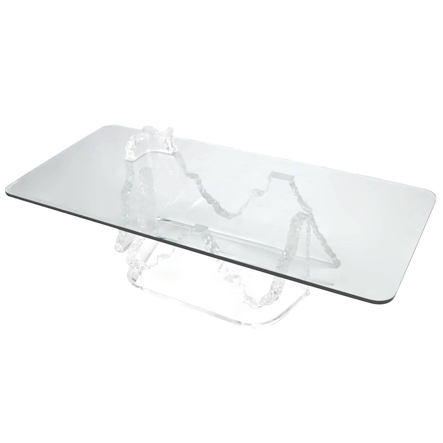 Lucite and Glass Iceberg Coffee Table Lion in Frost Attributed For Sale