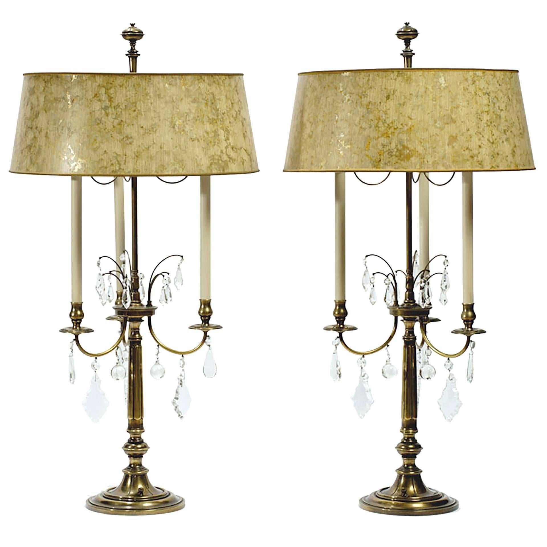 Pair of Stiffel Large Brass and Crystal Bouillotte Table Lamps