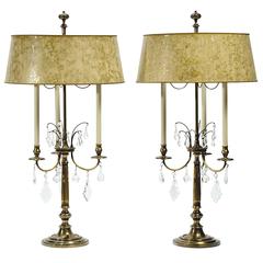 Pair of Stiffel Large Brass and Crystal Bouillotte Table Lamps