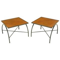Black Lacquered Wrought Iron and Leather X-Base End Tables after Jacques Adnet
