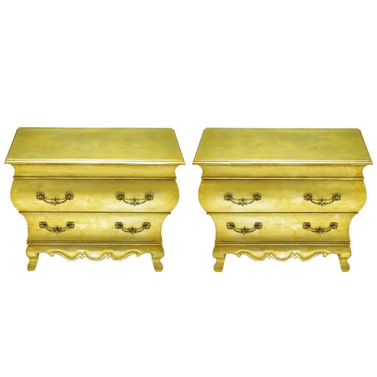 Pair of Henredon Gold Toned Silver Leaf Bombe Two-Drawer Commodes For Sale