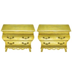 Pair of Henredon Gold Toned Silver Leaf Bombe Two-Drawer Commodes