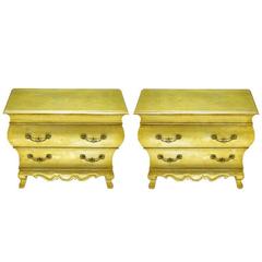 Pair of Henredon Gold Toned Silver Leaf Bombe Two-Drawer Commodes