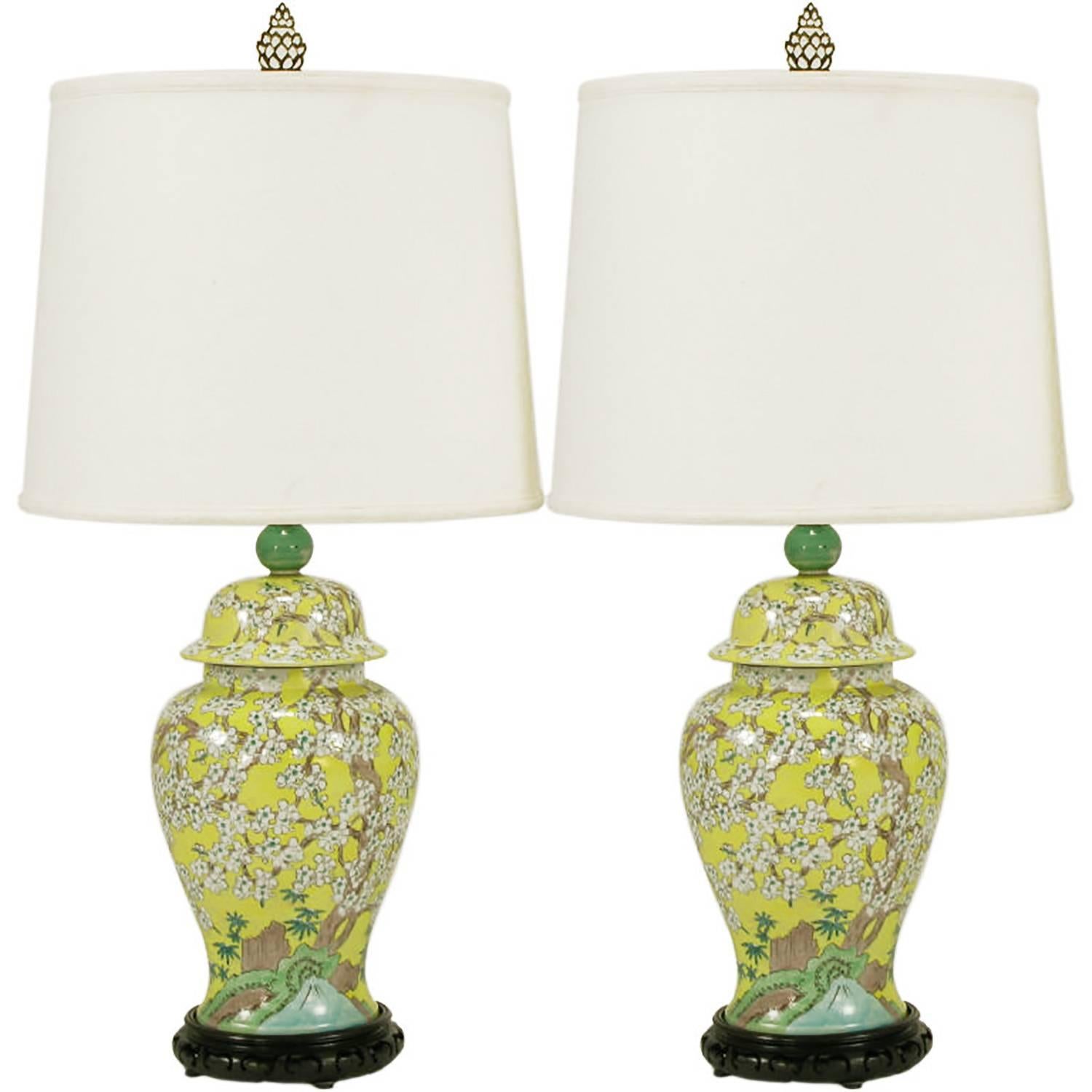 Pair of Imported Hand-Painted Yellow Glaze Ginger Jar Table Lamps