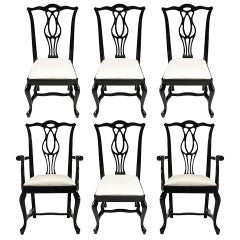 Six Italian Black Lacquer Chinese Chippendale Style Dining Chairs