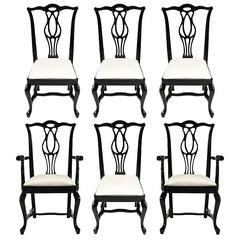 Six Italian Black Lacquer Chinese Chippendale Dining Chairs 8