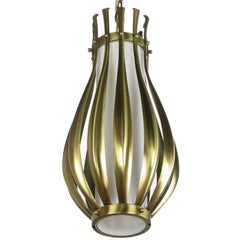 Gourd-Form Brushed Brass and Milk Glass Pendant Light