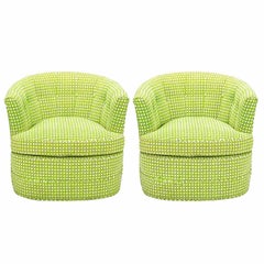 Retro Pair of Barrel-Back Swivel Chairs in Chartreuse Needlepoint